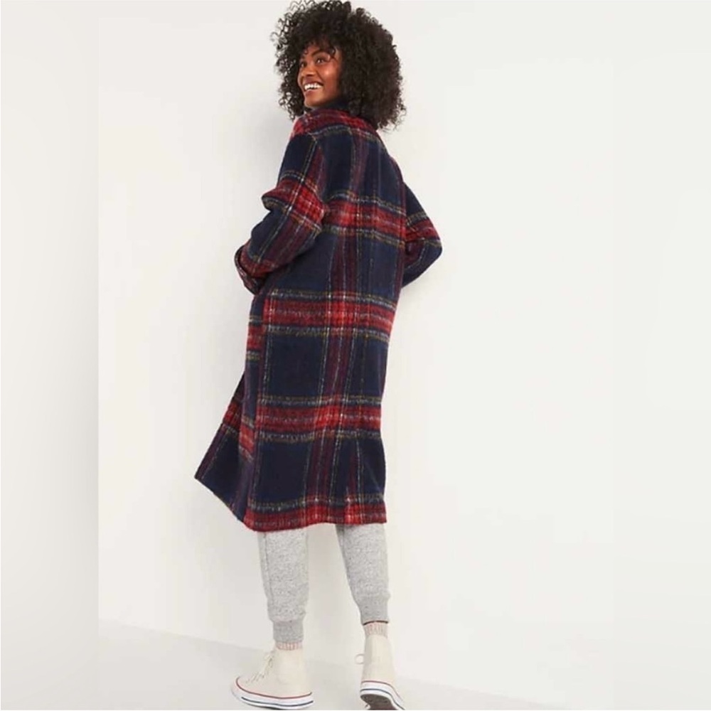 Old Navy Plaid Pea Coat - Navy and Red